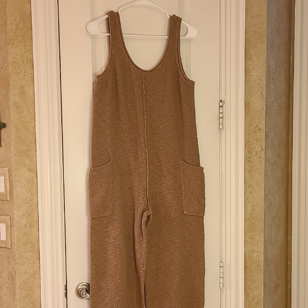MABLE Sleeveless Knit Crop Urban Hippie Boho Jumpsuit Pockets Mocha Brown Medium - Picture 6 of 14